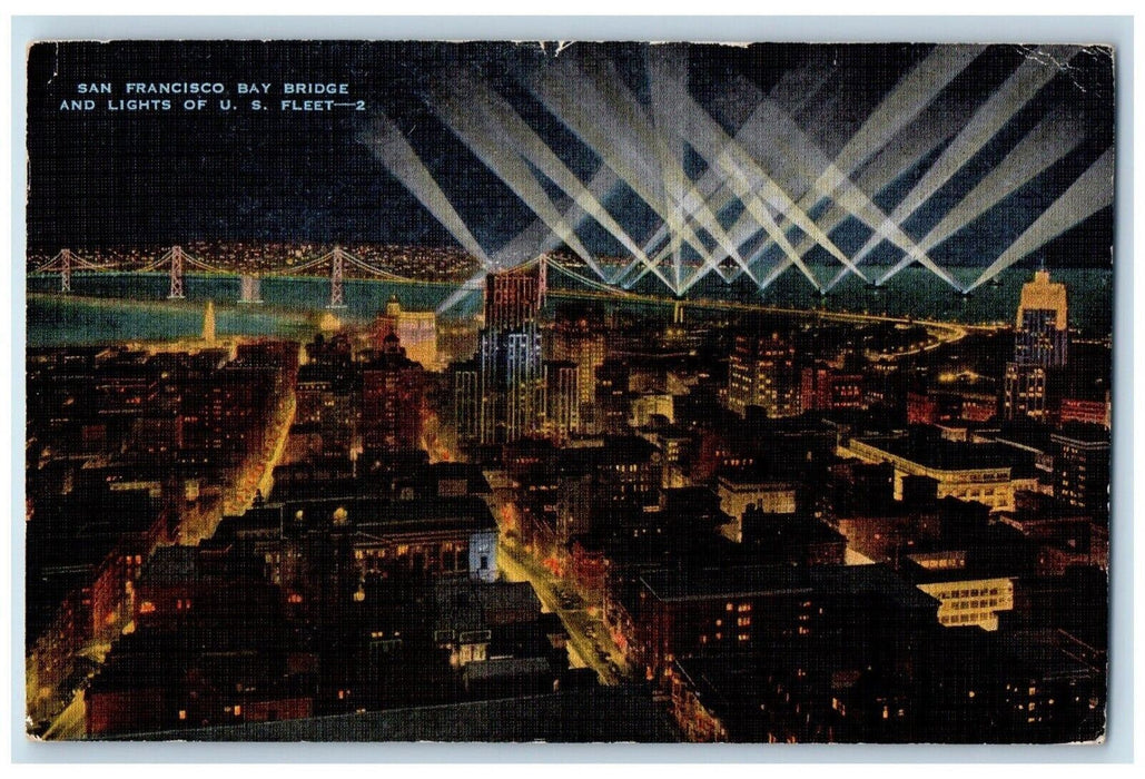 1955 San Francisco Bay Bridge And Lights Of US Fleet California CA Postcard