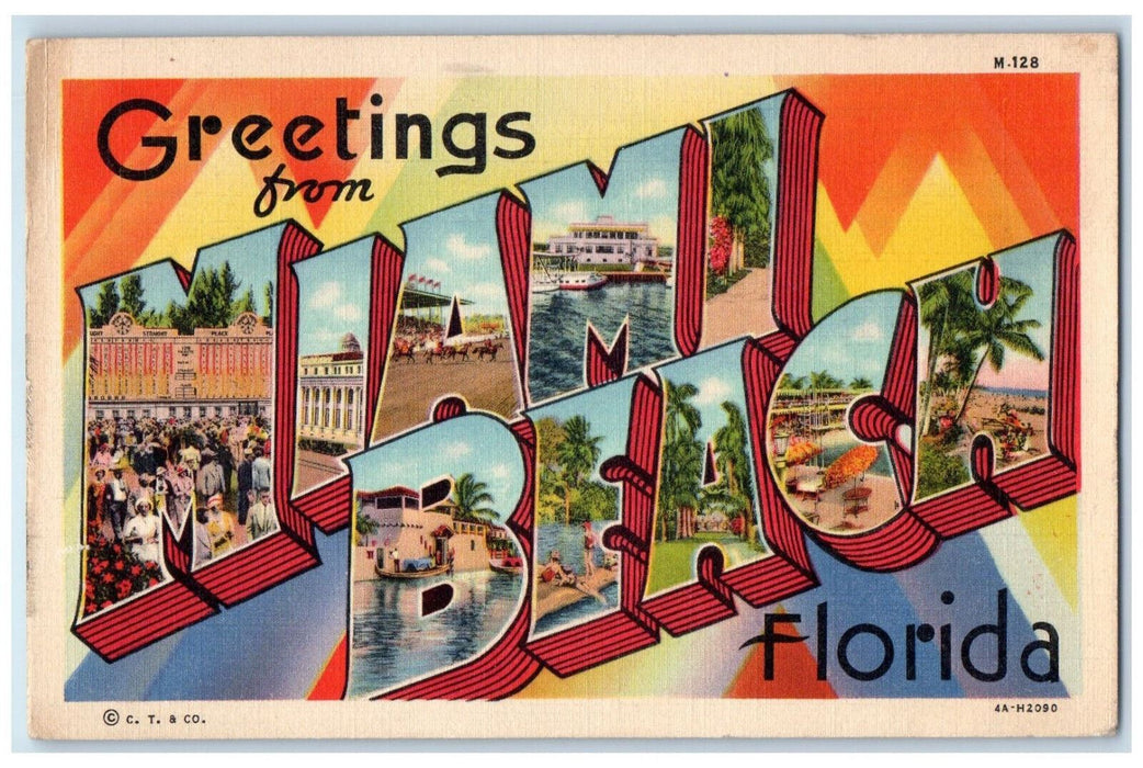 1937 Greeting From Miama Beach Florida FL, Large Letter Vintage Posted Postcard