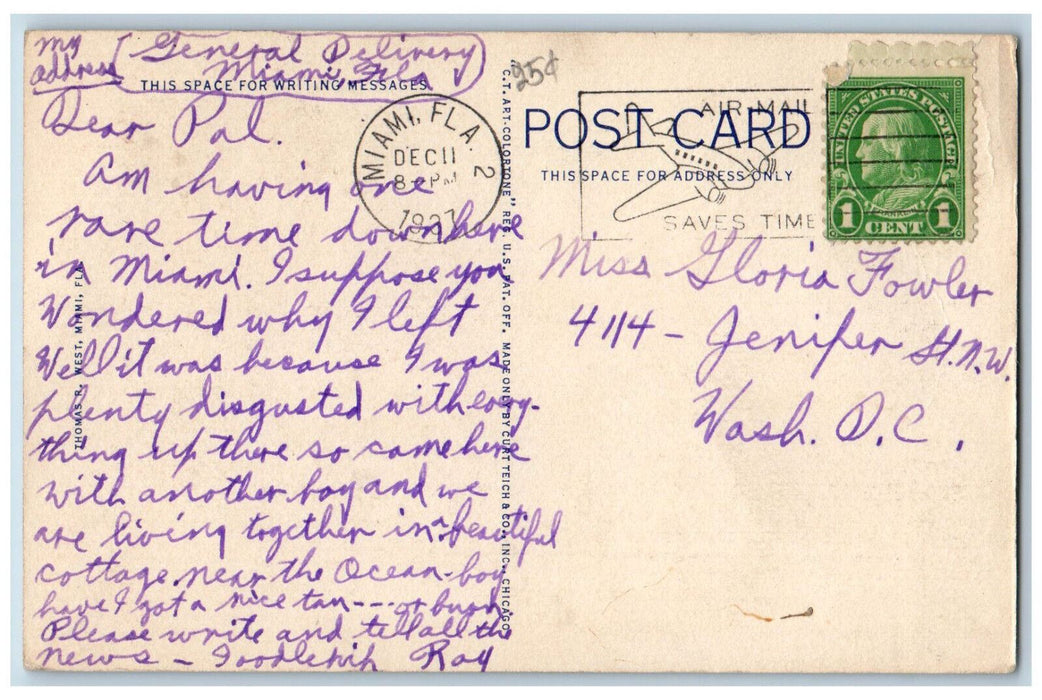 1937 Greeting From Miama Beach Florida FL, Large Letter Vintage Posted Postcard