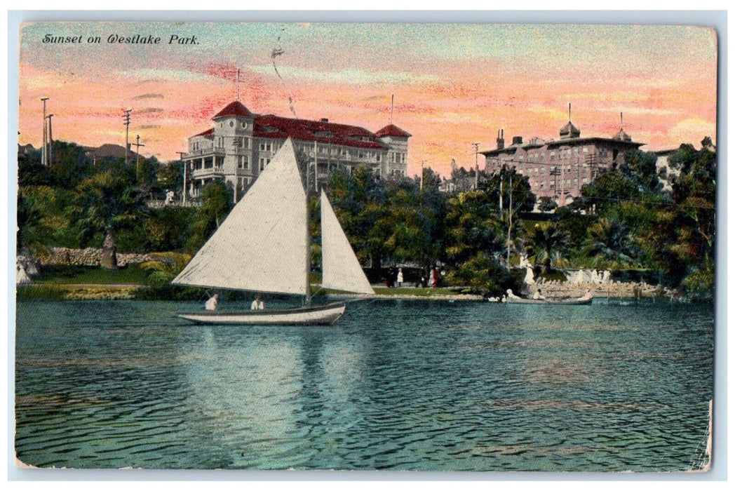 1911 Scenic View Sunset Of Westlake Park Los Angeles California CA Postcard