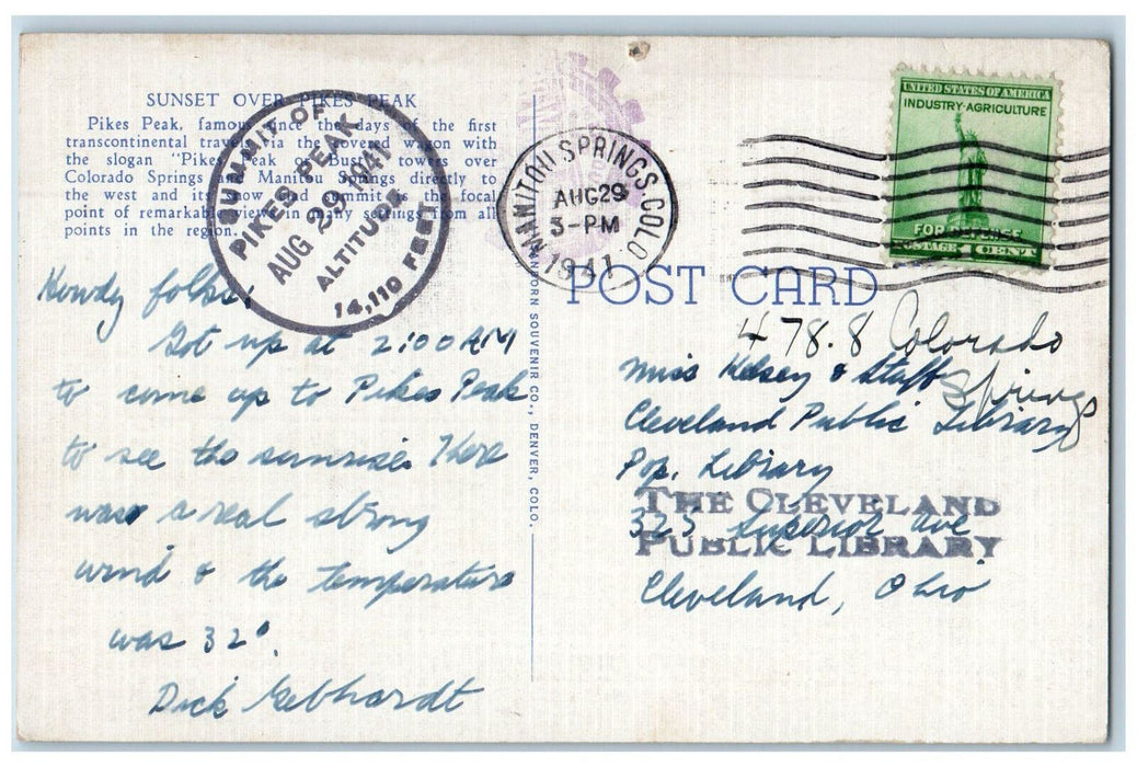 1941 Sunset Over Pikes Peak Summit Cancel Mesa Road Colorado Springs CO Postcard