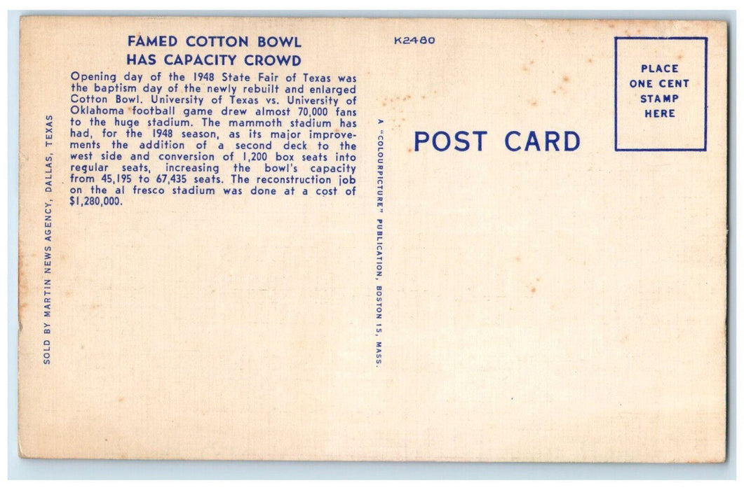 Aerial View Of Famed Cotton Bowl Football Stadium Dallas Texas TX  Postcard