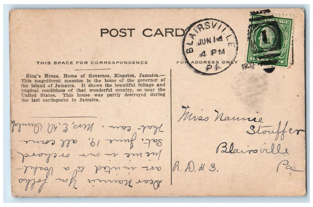 1909 King's House Home Of Governor Kingston Jamaica, Blairsville PA Postcard