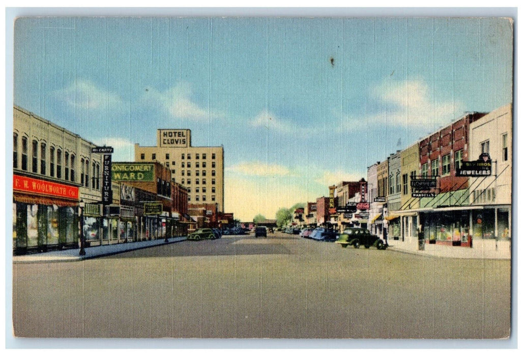 Main  Street Hotel Store Shops Car-lined Scene Clovis New Mexico NM Postcard