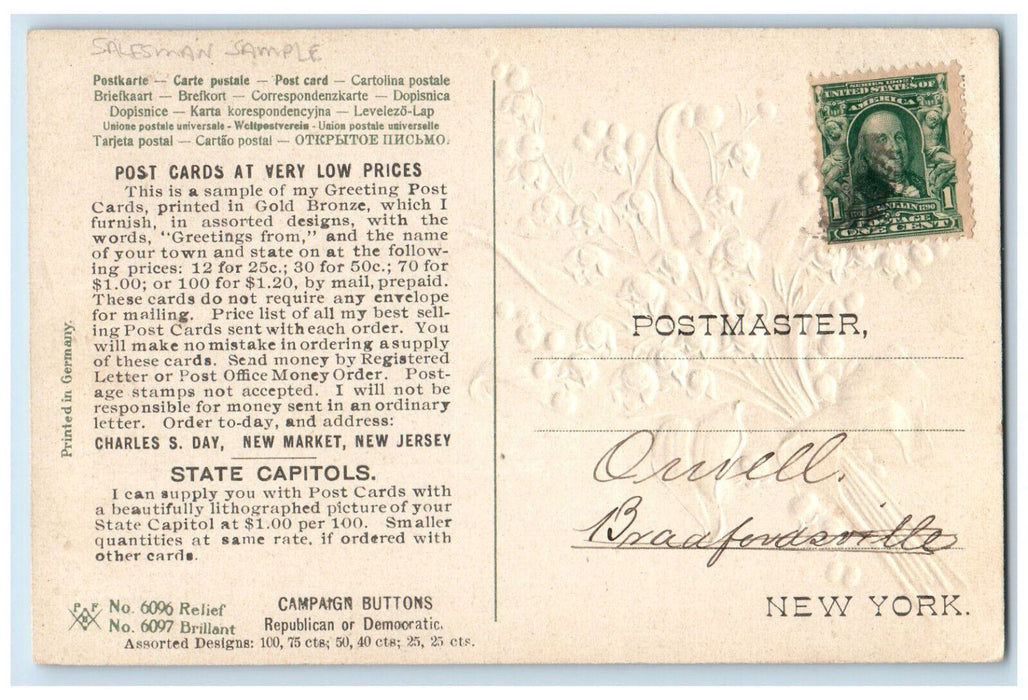 c1910 Greetings from New Market NJ Salesman Sample Embossed Flower Postcard