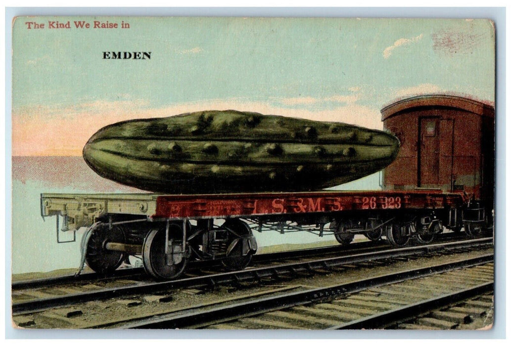 c1910's Emden IL, The Kind We Raise Exaggerated Cucumber Train Antique Postcard