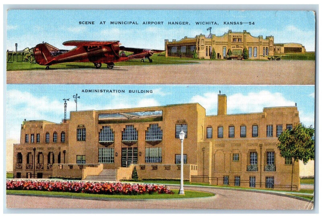 Scene At Municipal Airport Hanger Administration Building Wichita KS Postcard