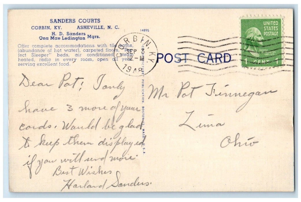 1948 Sanders Court & Cafe Cars Street View Corbin Kentucky KY Vintage Postcard