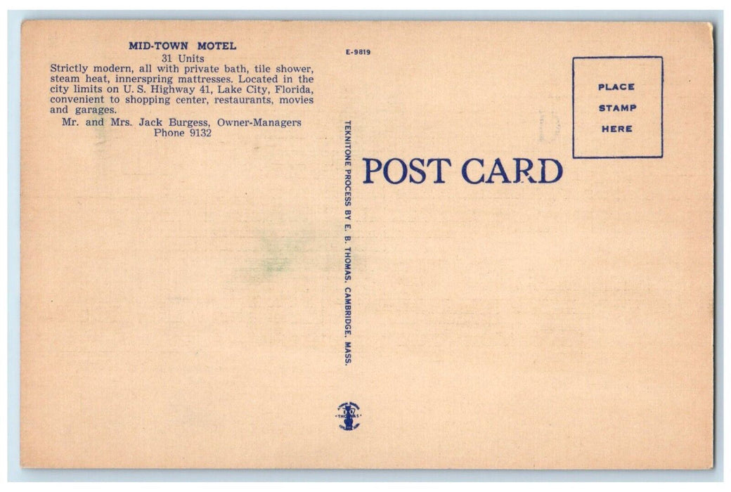 c1930's Mid Town Motel Roadside Lake City Florida FL Unposted Vintage  Postcard