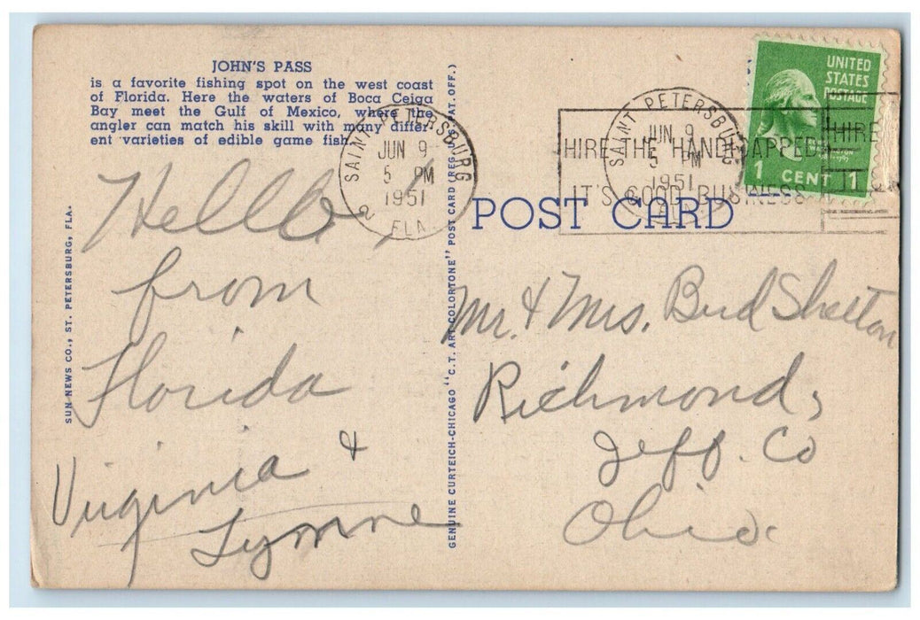 1951 Fishing Off John's Pass Bridge St. Petersburg Florida FL Vintage Postcard