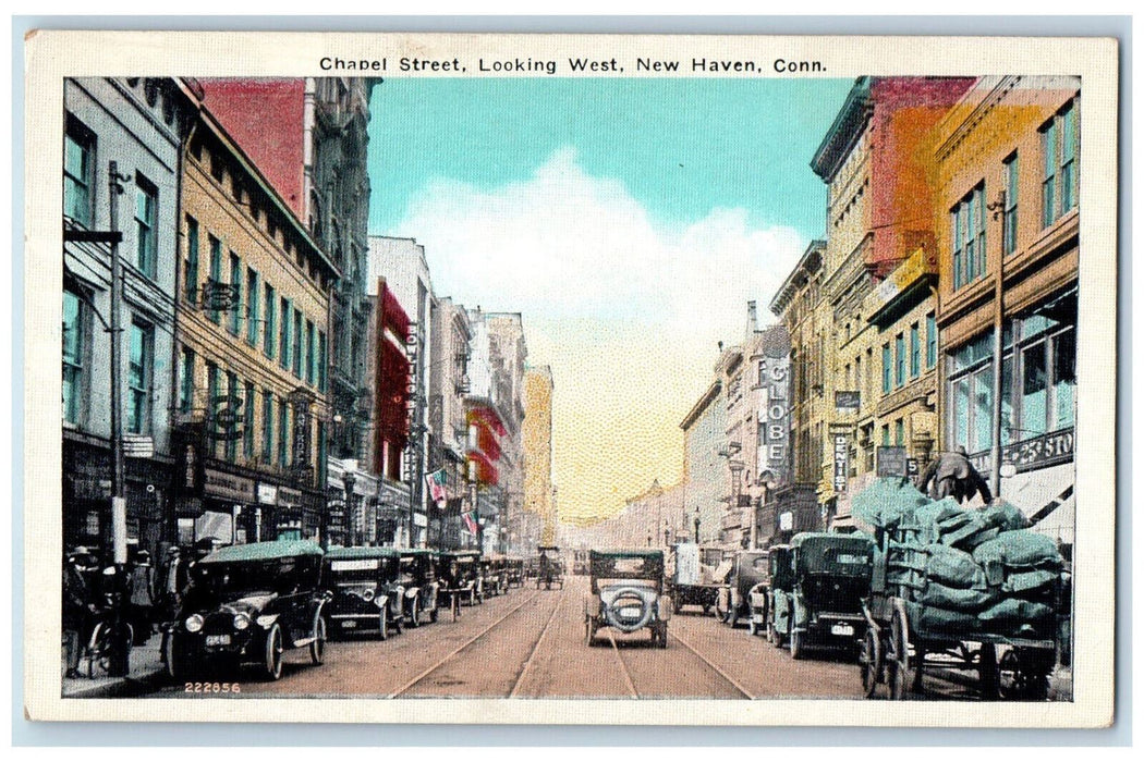 Chapel Street Looking West New Haven Connecticut CT, Street Car-lined Postcard