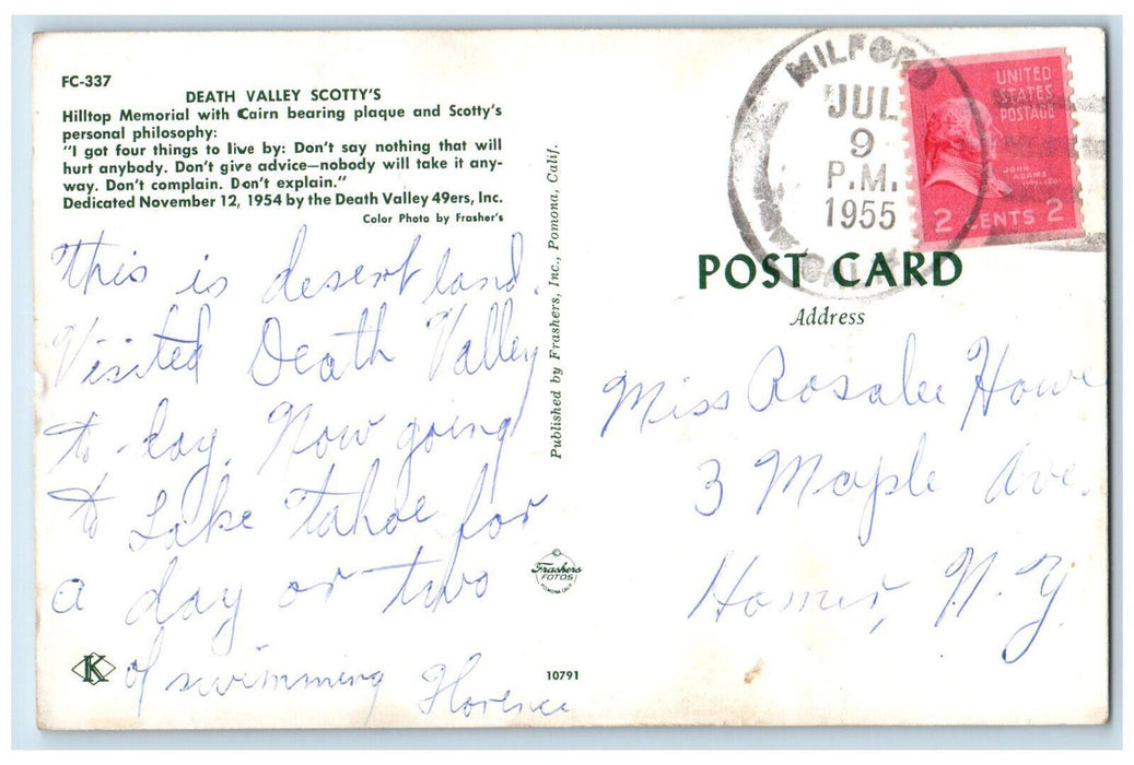 1955 Death Valley Scotty's Hilltop Memorial Milford California CA Postcard