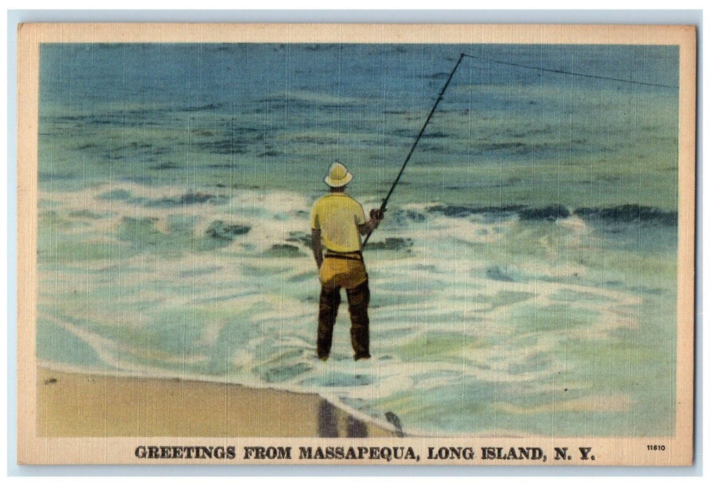 Greetings From Massapequa Long Island New York NY, Boy Fishing Antique Postcard