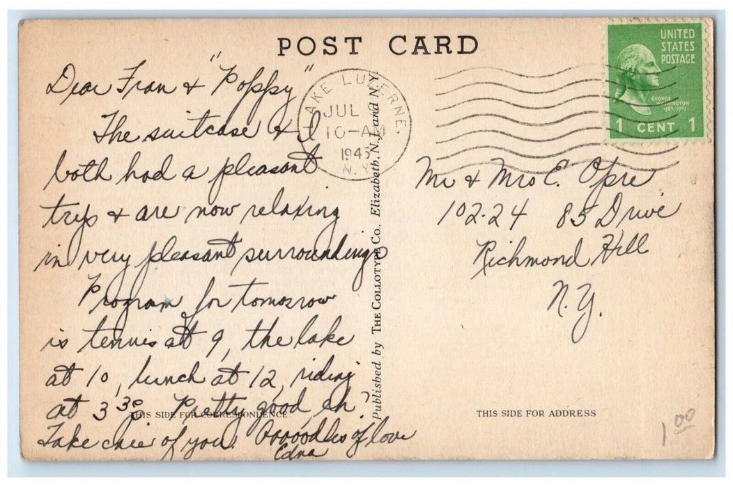 1945 End Of Trail Northwoods Dude Ranch Adirondacks Mts Lake Luzerne NY Postcard