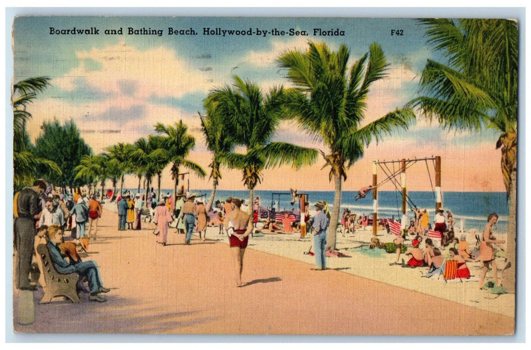 1941 Boardwalk and Bathing Beach Hollywood By The Sea Florida FL Postcard
