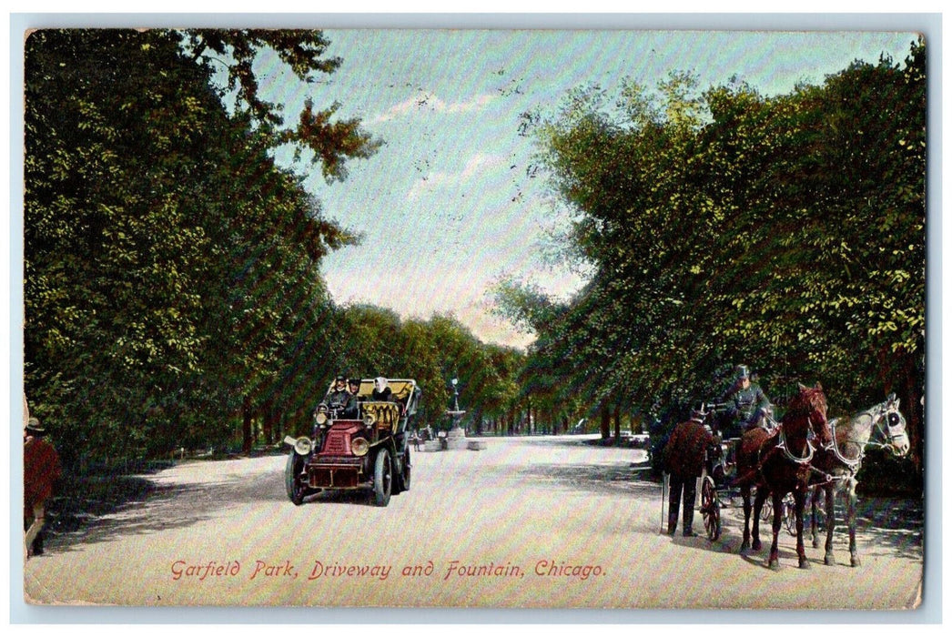 1909 Garfield Park Driveway and Fountain Chicago Illinois IL Antique Postcard