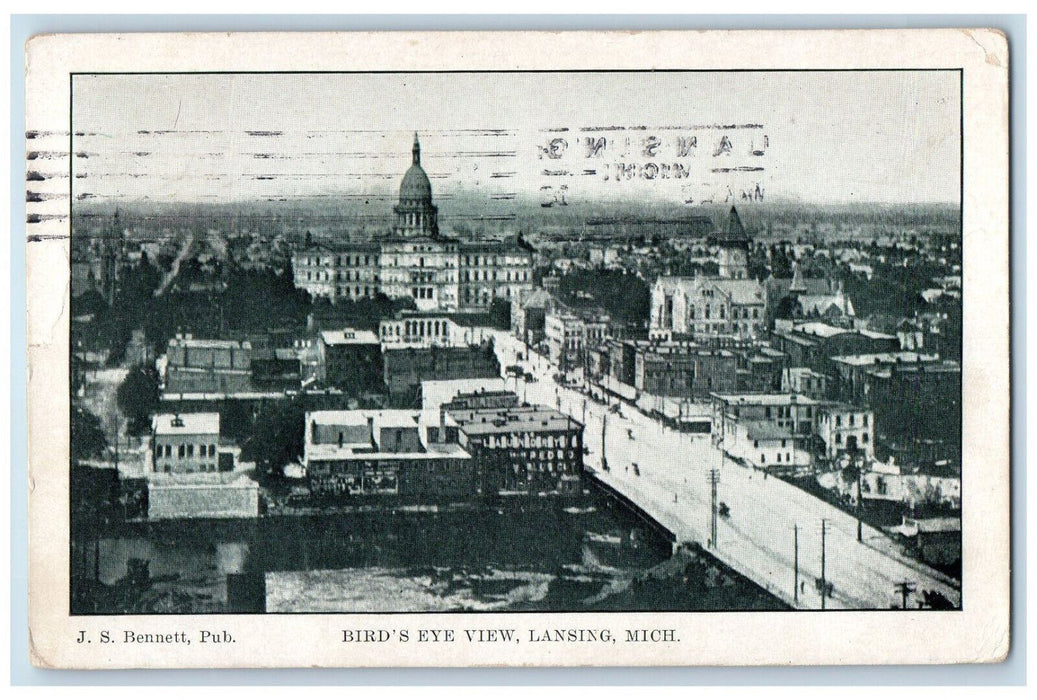 1908 Bird's Eye View Lansing Michigan MI Posted Antique JS Bennett Postcard