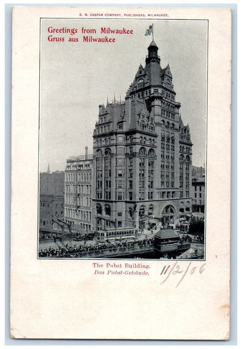 1906 Greetings from Milwaukee The Pabst Building Wisconsin WI Postcard