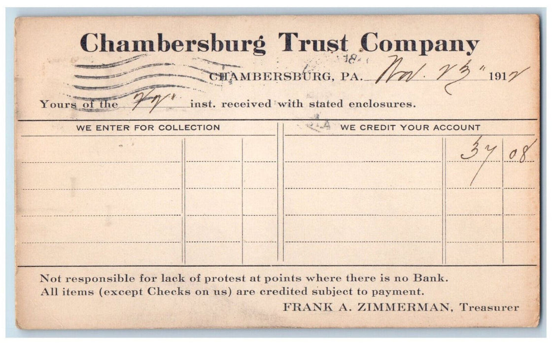 1912 Chambersburg Trust Company Chambersburg Pennsylvania PA Postcard