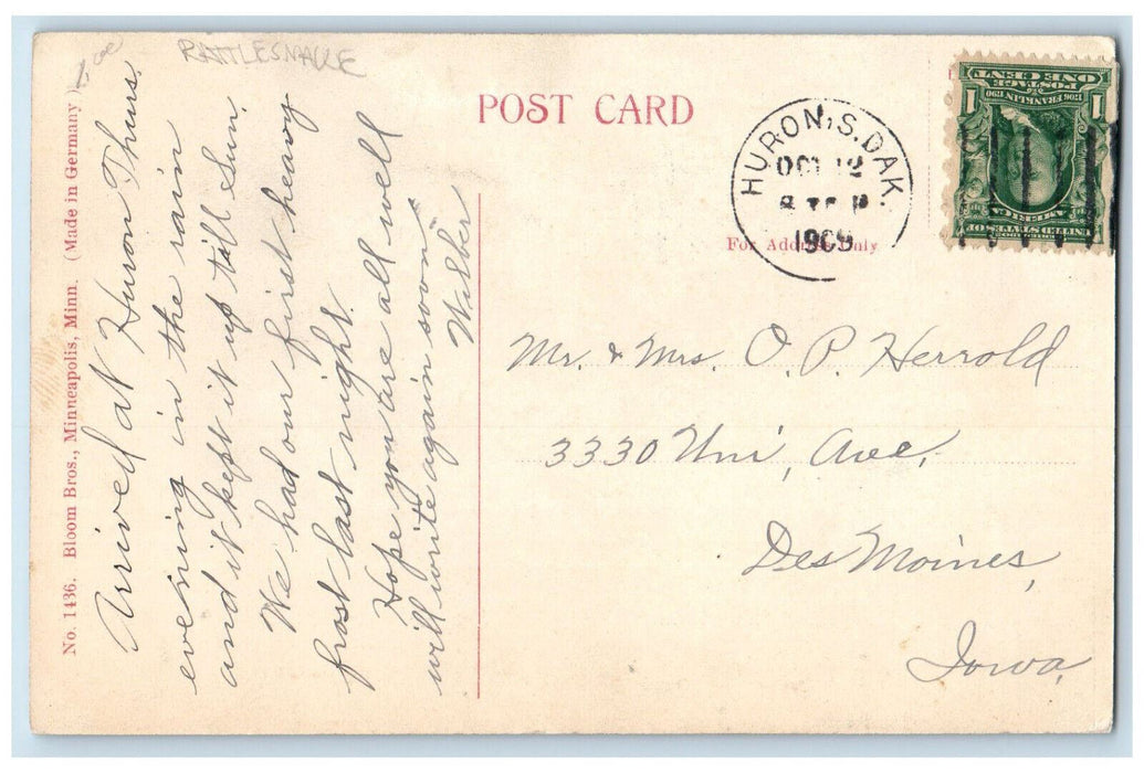 1909 A Rattler Ready for Action Rattlesnake in the Grass Huron SD Postcard