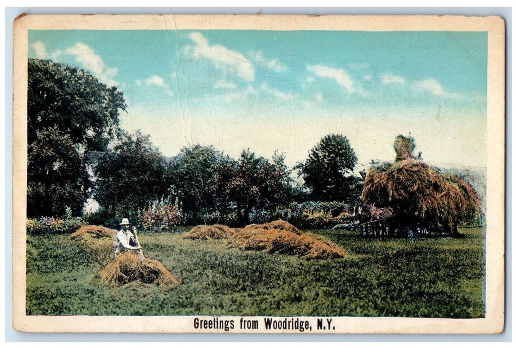 1920 Greetings From Woodridge New York NY, Farmer Farmland Scene Postcard