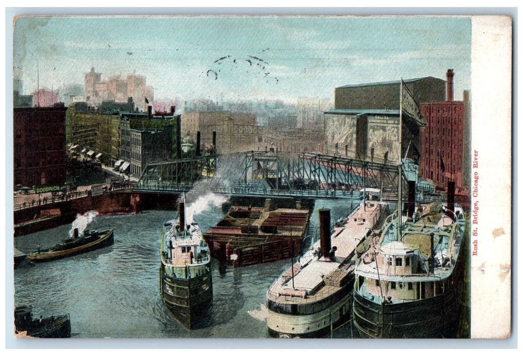 1909 Steamship Rush Street Bridge Chicago River Illinois IL Antique Postcard
