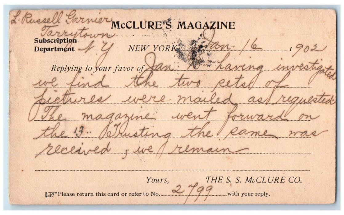 1902 McClure's Magazine Letter from Subscription Department NY Postcard