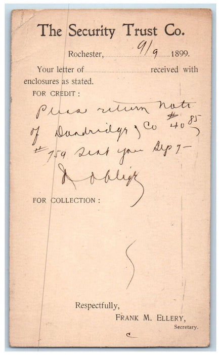 1899 Letter from Secretary of The Security Trust Co. Rochester NY Postcard