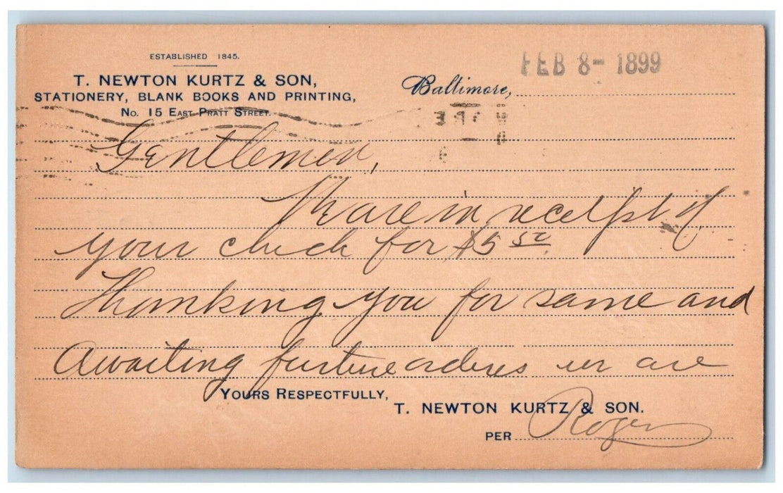 1899 Letter from T. Newton Kurtz & Son Company Baltimore Maryland MD Postcard