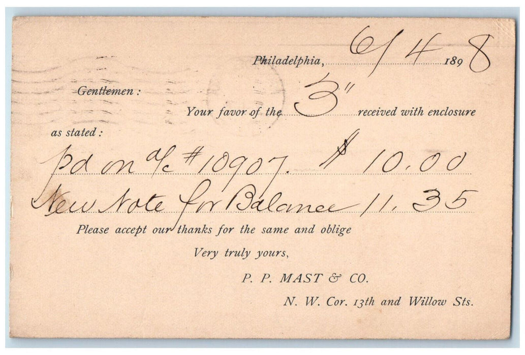 1898 Letter from P.P. Mast & Co. Philadelphia Pennsylvania PA Postcard