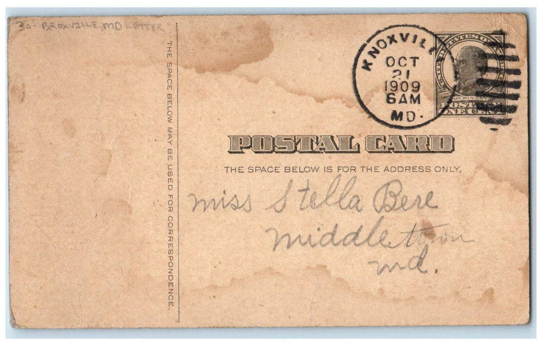 1909 Broxville Maryland MD Letter Knoxville MD Antique Posted Postcard
