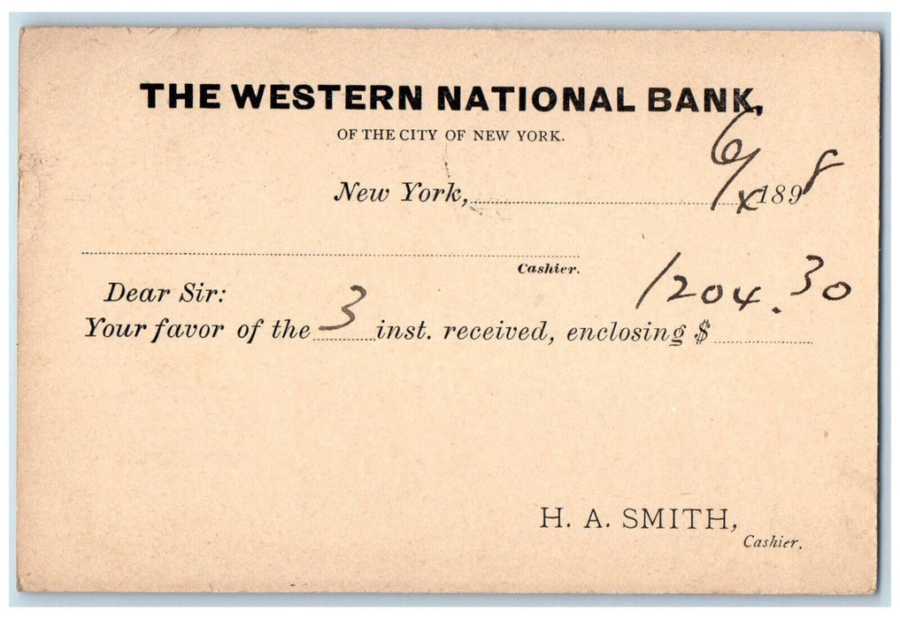 1898 The Western National Bank Letter New York City NY Antique Postcard