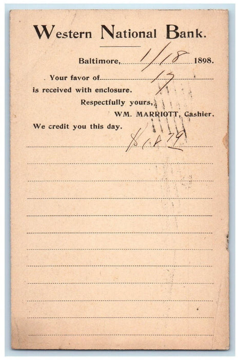 1898 Western National Bank Letter Baltimore Maryland MD Antique Postcard
