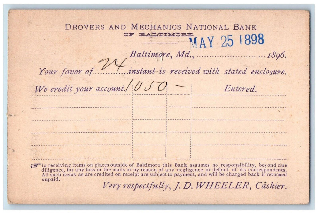 1898 Drovers and Mechanics National Bank Cashier Letter Baltimore MD Postcard