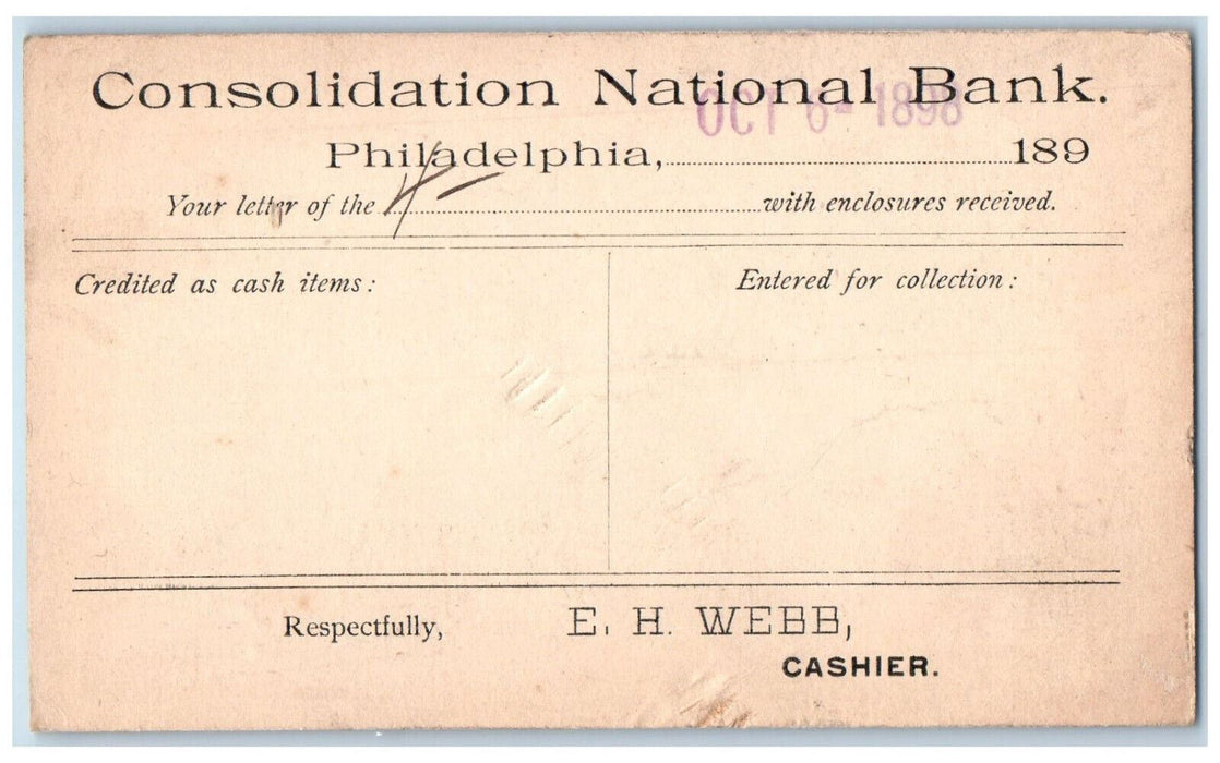1898 Consolidation National Bank Letter Philadelphia Pennsylvania PA Postcard