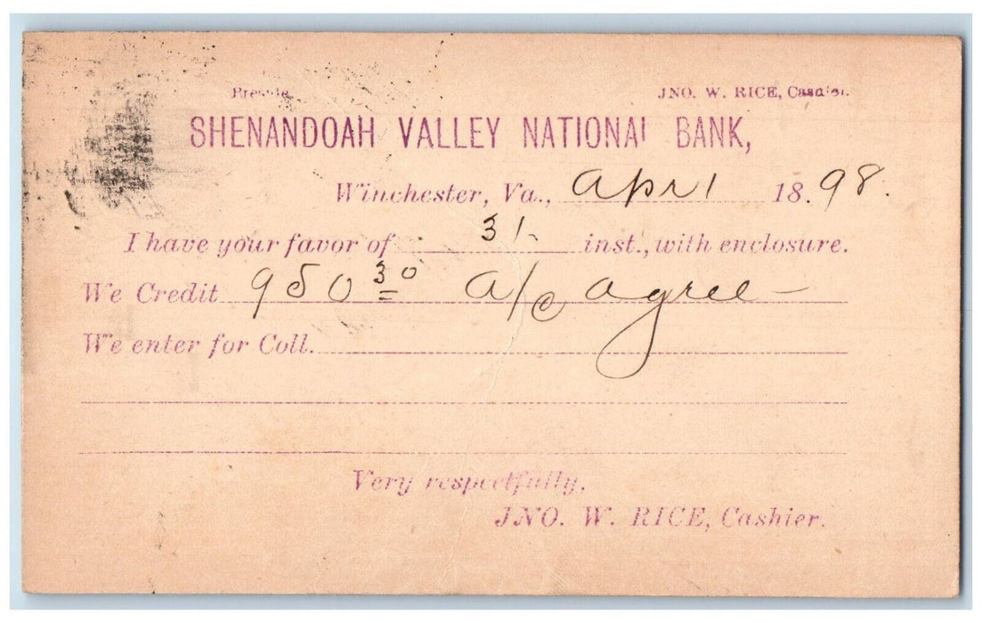 1898 Shenandoah Valley National Bank Letter Winchester Virginia VA Postcard