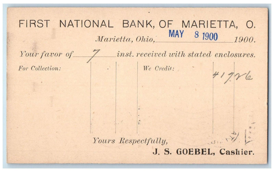 1900 First National Bank of Marietta Ohio OH Antique Postal Card Posted Postcard