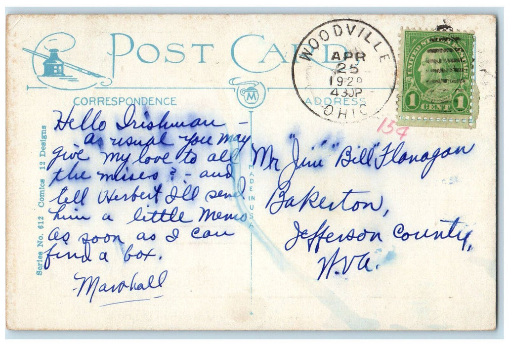 1929 Greetings From Woodville Ohio OH, Baby's First Step Nowadays Humor Postcard