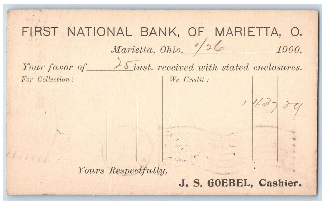 1900 First National Bank Cashier JS Geobel Letter of Marietta OH Postal Postcard