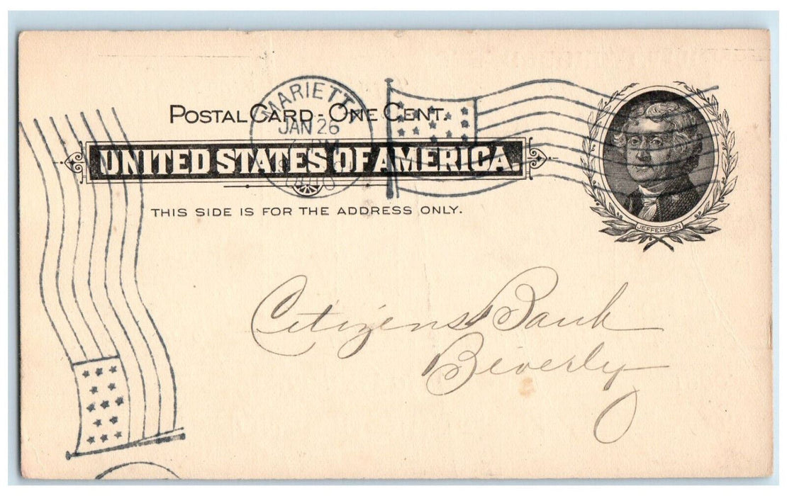 1900 First National Bank Cashier JS Geobel Letter of Marietta OH Postal Postcard