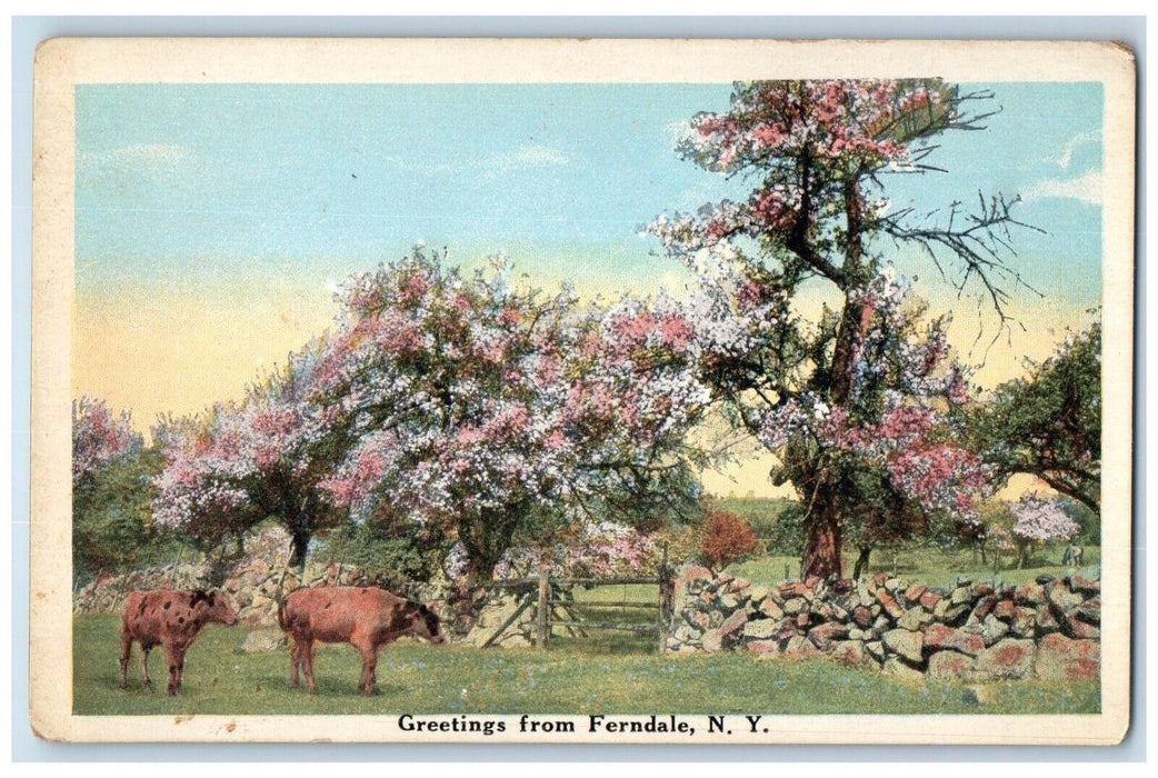 c1910's Greetings From Ferndale New York NY, Animals Blossom Trees Postcard