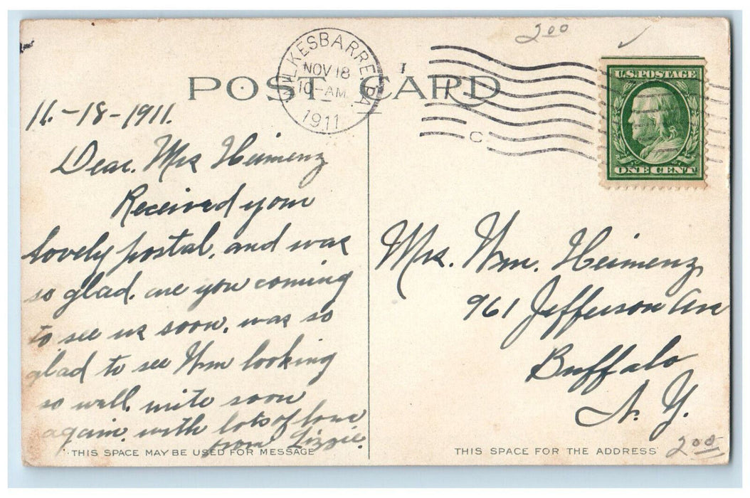 1911 U.S. Post Office Building Wilkes-Barre Pennsylvania PA Antique Postcard