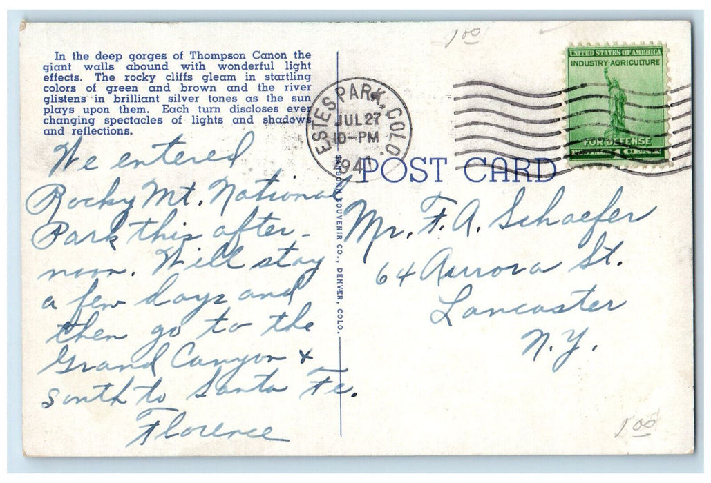 1941 Rugged Scene in Thompson Canon Rocky Mountain Nat Park Colorado CO Postcard