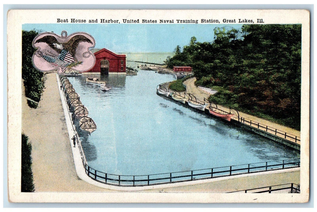 c1920's Boat House Harbor US Naval Training Station Great Lakes IL Postcard