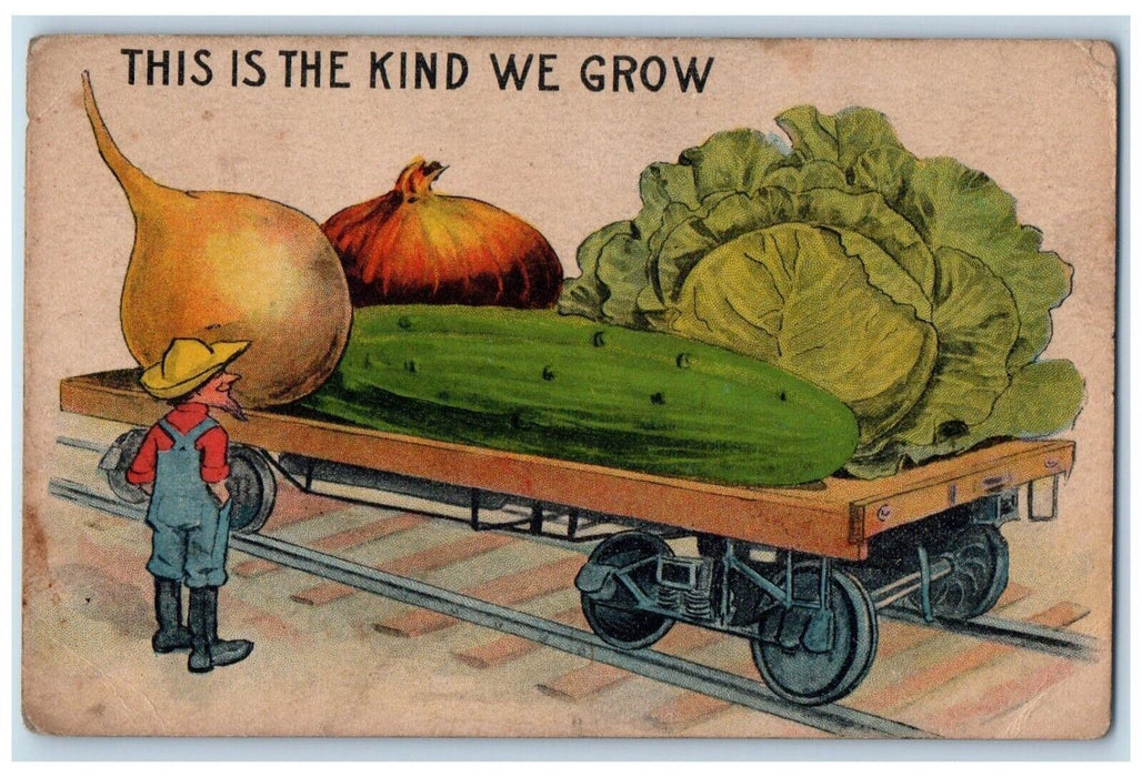 c1910's Farmer Exaggerated Vegetables Train Wagon Unposted Antique Postcard