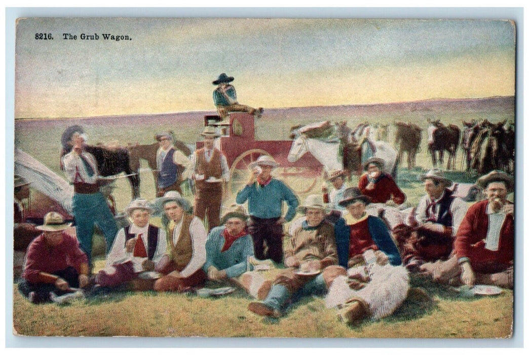 c1920's The Grub Wagon Horses Cowboys Cooking Unposted Vintage Postcard