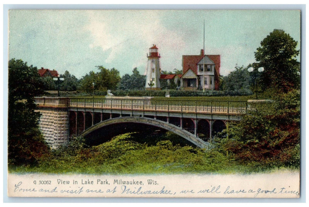 1907 View In Lake Park Milwaukee Wisconsin WI, Bridge Street Scene Postcard