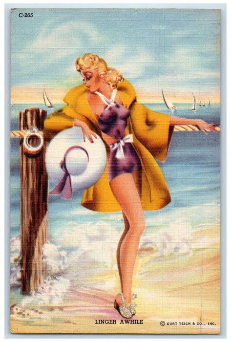 1941 Linger A While Sexy Girl Big Hat At The Beach Sailboat Vintage Postcard