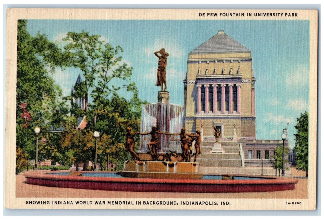 c1940's De Pew Fountain in University Park Indianapolis Indiana IN Postcard