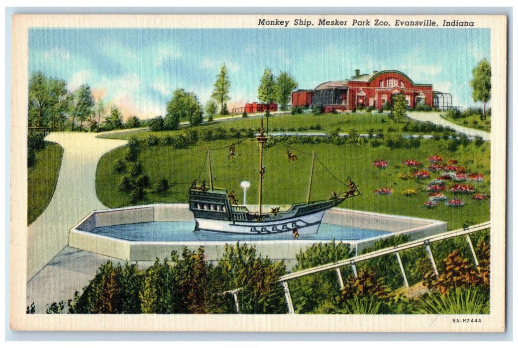c1930's Monkey Ship Mesker Park Zoo Evansville Indiana IN Vintage Postcard